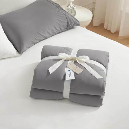 Image of Cozy Bliss Cooling Comforter King XL Size, Cooling Blankets for Hot Sleepers and Night Sweats, Dark Light Gray Summer Comforter for King XL Bed, Breathable Soft Lightweight Silk Smooth