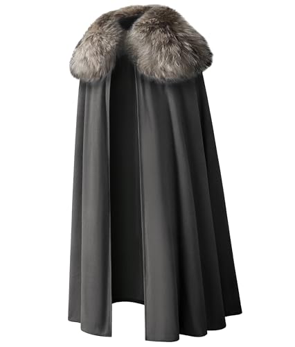 Mens Viking Robe Costume Fur Cloak Shoulder Lengthened Cape Medieval King Lord Cape LARP Cosplay X-Large Grey