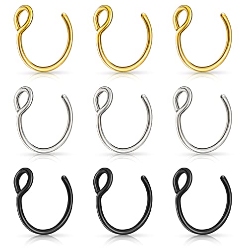 Lusofie 9Pcs Fake Nose Rings,Fake Nose Ring Hoop Stainless Steel Nose Hoop for Faux Lip Septum Nose Ring Set