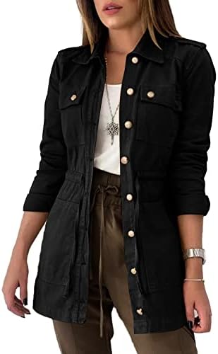 Gevomir Jackets For Women Button Down Lightweight Utility Anorak Slim Trench Military Outwear Fall Coat with Pockets