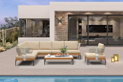 Image of PURPLE LEAF Patio Furniture Set Outdoor Conversation Sets with Fade-Resistant Cushions and Coffee Table 8 Pieces Aluminum Modern Wicker Sofa Chairs for Balcony Yard Garden, Khaki