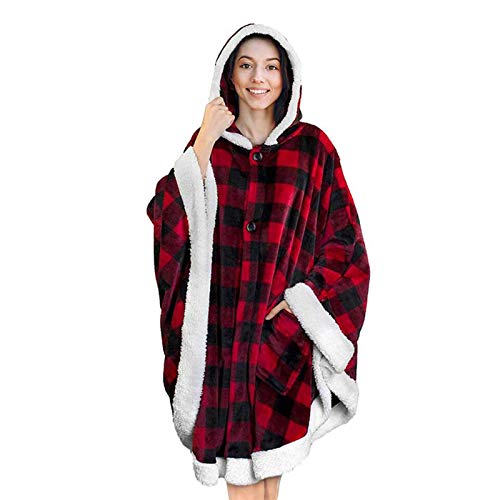 Herbst- Und Winter-Wolldecke Mit Kapuze, Kapuzenmantel, Lose Lange äRmel, Doppelseitiges Flanell, Doppeltaschen, Weicher PlüSchmantel Mit