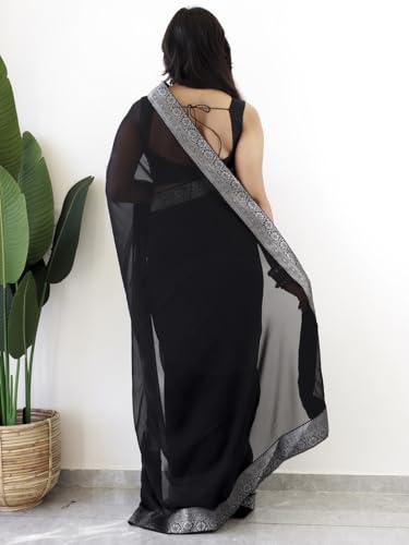 Image of AKHILAM Women's Georgette Solid Ready To Wear one Minute Saree With Unstitched Blouse Piece