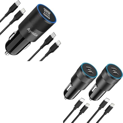 Aymla Dual 20W USB C Fast Car Charger with 2 Pack Type C to Lightning Cable 3.3ft + 40W 2 Pack Dual PD Cigarette Lighter Block Type C Fast Charging Car Plug with 3.3FT Lightning Cable Cover