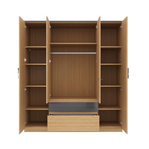 Image of Wakefit Elphi 4 Door Wardrobe with Mirror Urban Teak,Grey Foil