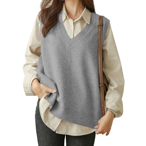 Image of Wowcarbazole Womens V Neck Sweater Vest Casual Ribbed Knitted Sleeveless Trendy Pullover Tank Tops Fall