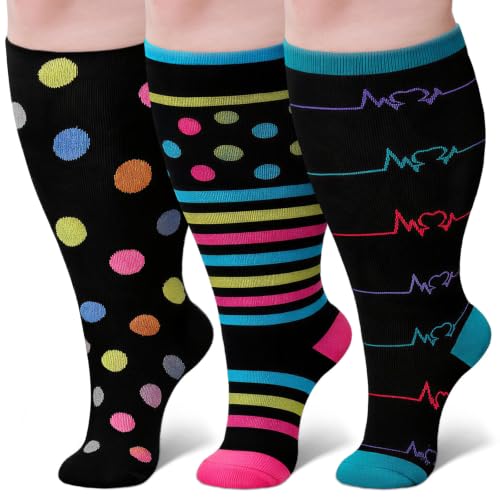 Image of 3 Pairs Plus Size Compression Socks: Wide calf Compression Stockings for Men Women - Extra Large 20-30 mmHg Compression Hose Support for Travel Nurses Running Pregnancy