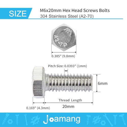 Image of M6-1.0 x 20mm Hex Head Screws Bolts, M6 x 1.0 Bolt, 304 Stainless Steel(A2-70), Hexagon Head Bolts, Metric Fully Thread, Bright Finish, Quantity 25