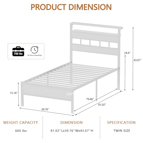 Image of Furnulem Twin Bed Frames with Charging Station and LED Lights, Twin Size Platform Bed with Metal Slats, Wood Headboard with 2-Tier Storage Shelves, No Box Spring Needed, White