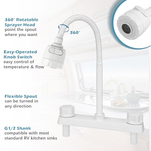 Image of 8 in RV Kitchen Faucet, XFIRE-GEAR Camper Faucet Kitchen with Flexible Arc 360 Degree Rotatable Dual Function Sprayer, RV Sink Faucets for Motorhomes, Travel Trailers (White)