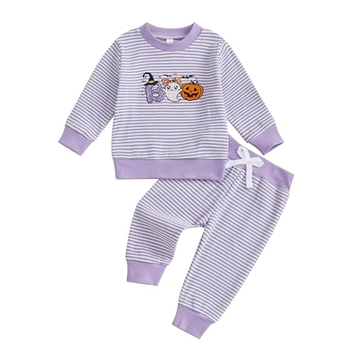 Karuedoo Toddler Baby Boy Girl Halloween Outfit Pumpkin Ghost Embroidery Stripe Long Sleeve Waffle Sweatshirt and Pants Set