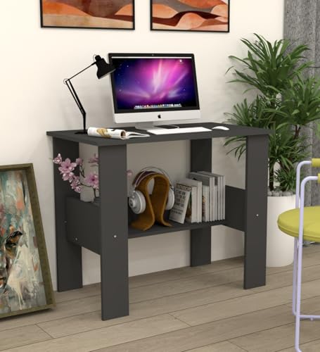 Image of Modern Compact Study Desk with Storage Shelf, Grey, Space-Saving Home Office Table, 90x50x74 cm, DIY Assembly