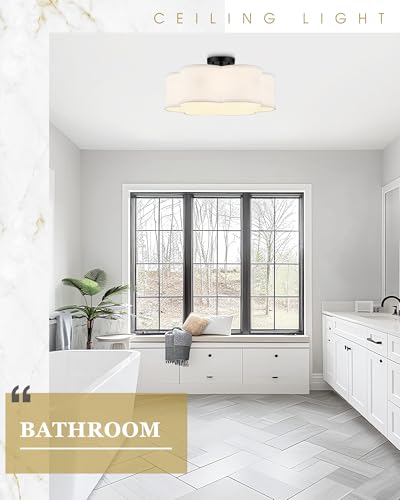 Image of Black Semi Flush Mount Ceiling Lights, 6-Light 18Inch Ceiling Light Fixtures with Fabric Drum Shade in Flower Shape for Nursery Bedroom Kitchen, AD-22007-6SF-BK