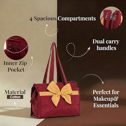 Image of Kuber Industries Cotton Hand Bag for Woman with Zip Closure | Ladies Purse | Multipurpose Party and Wedding Ladies Hand Purse | Bow Design - Maroon