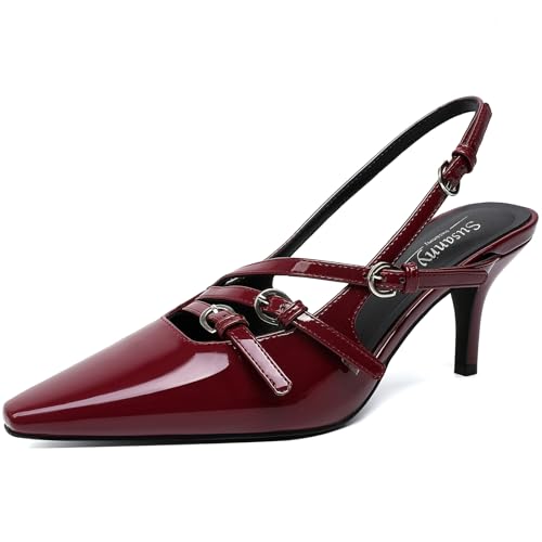 Susanny Burgundy Patent Slingback Kitten Heels for Women Closed Pointed Toe Strappy Dress Pumps Comfortable Stiletto Low Heels Sexy Buckle Strap Dressy Slip On Shoes for Wedding Bridal Work