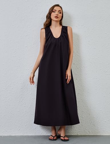 Image of MISSACTIVER Women's Sleeveless Maxi Dress Scoop Neck Ruched Long Dress with Side Pockets Wide Shoulder Elegant Blouse Dresses