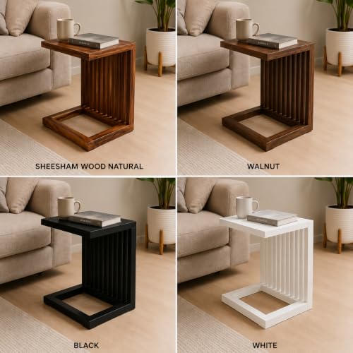 Image of Solid Sheesham Wood C Shape Side Table for Living Room | Modern Sofa End Table | Wooden Laptop Table for Bed | Coffee & Snack Table | Bedside End Table | White Brown Finish