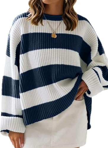 Image of Women's Striped Knitted Pullover Crew Neck Fall Winter Sweater Long Sleeve Color Block Jumper