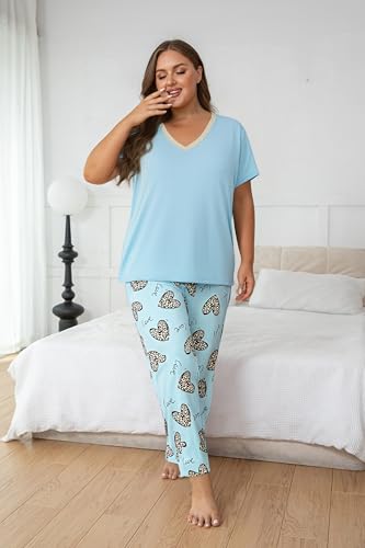 Image of Vozanet Women's Pajama Sets Short Sleeve with Long Pant Soft Sleepwear Printed pj Loungewear With TWO Pockets Size 1X to 5X