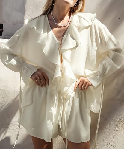 Womens 2 Piece Outfits V Neck Ruffle Tie Front Blouse Tops and High Waist Shorts Set Casualwears2