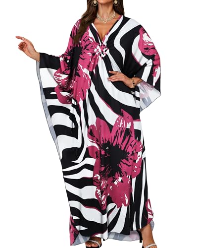Gosunny Damen Langes Kaftan V Ausschnitt Sommerkleid Sommer Strand Cover Up Boho Maxikleid Loungewear(Rosenrote Blume)