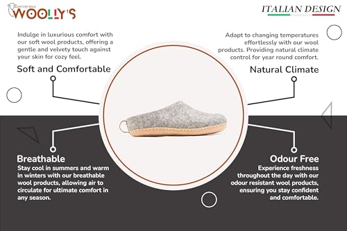 Woolly's Indoor Open Heel Slippers With Leather Sole (Natural Grey) - 41 | Premium New Zeland Wool | Handcrafted with Italian Design | Soft, Breathable & Ordor Free2