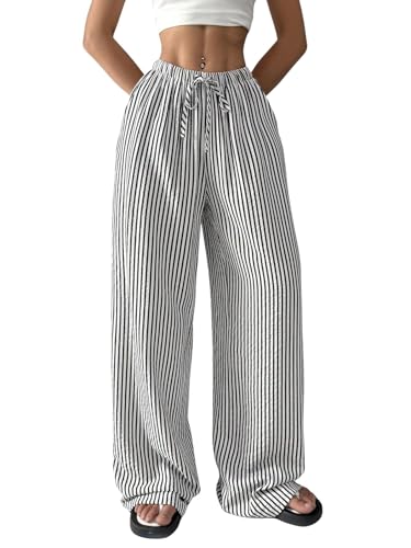 Verdusa Women's Striped Linen Pants Straight Leg Casual Lounge Pants with Pockets
