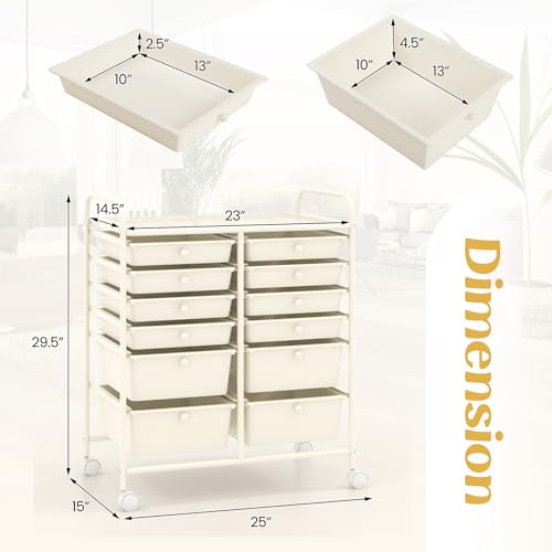 Image of LDAILY 12 Drawer Rolling Storage Cart, Craft Cart Organizer on Wheels w /Metal Frame, Large Capacity & Smooth Drawer, Rolling Cart w /Drawers for Classroom, Office