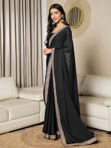 Image of AKHILAM Women's Satin Solid Ready To Wear one Minute Saree with Unstitched Blouse Piece