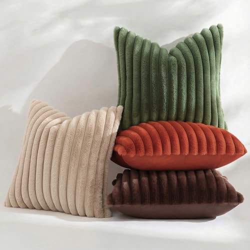 Image of decorUhome Fall Cozy Faux Fur Throw Pillow Covers 12x20 Set of 2 Decorative Soft Plush Striped Lumbar Modern Farmhouse Boho Couch Pillow Cases with Velvet Back for Sofa Bed Living Room, Dark Brown