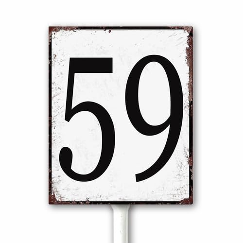 Aluminum Number Sign 59 Metal Numbered Yard Sign With Stake Outdoor for Tennis Court, Parking Lots, Floor, Dock, Court, Aisle, Field, Farm 18x22 CM High Visibility Rust Free (Retro White)