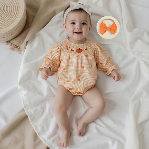 Newborn Infant Baby Girl Halloween Outfit Clothes Smocked Pumpkin Ghost Embroidery Romper Plaid Bubble Bodysuit2