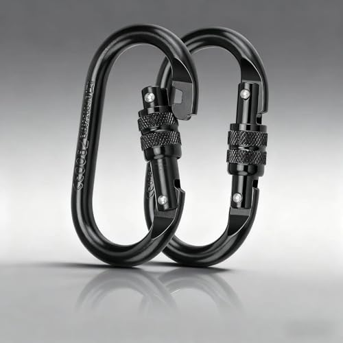 SHENGYIG Mosquetón de escalada, 2 unidades de aleación de acero resistente, 25 KN (2500 kg), mosquetón de seguridad negro para montañismo, columpios, escalada