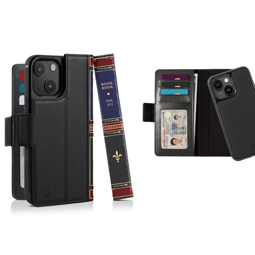 Twelve South BookBook for iPhone 15 Plus | MagSafe充電器対応 洋書風本革iPhoneケース、リアル財布機能付き、本革カバーはディスプレイスタンドに変形、カバーを取り外して本革アクセントケースに (ブラック)