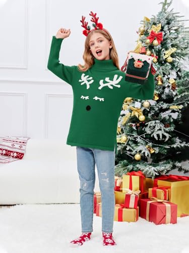 Image of Haloumoning Girls Christmas Sweater Kids Oversized Turtleneck Cute Reindeer Sweaters with Side Slit