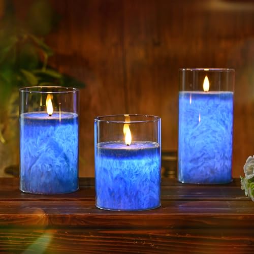 LED Kerzen Flammenlose im Glas, 3PC Flammenlose Kerzen mit Fernbedienung Timer Funktion, Elektrische Kerzen Echtes Wachs, Paraffin Kerzen für Hochzeit, Party, Dekoration(Blau – Bild 3