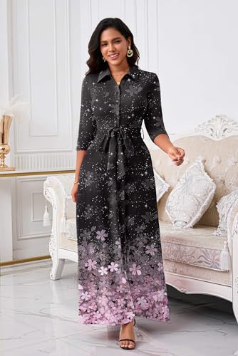Image of Runwind Women Church Maxi Dresses 3 /4 Sleeve Button Down Print Casual Office Dress African