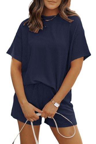 Image of Womens Pajama Sets 2 Piece Pjs Sleepwear Soft Comfy Short Sleeve Tops and Shorts Lounge Set Loungewear Outfit