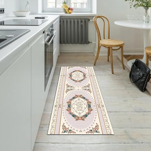 Alfombra de pasillo de flores beige para proteger el suelo del salón 5