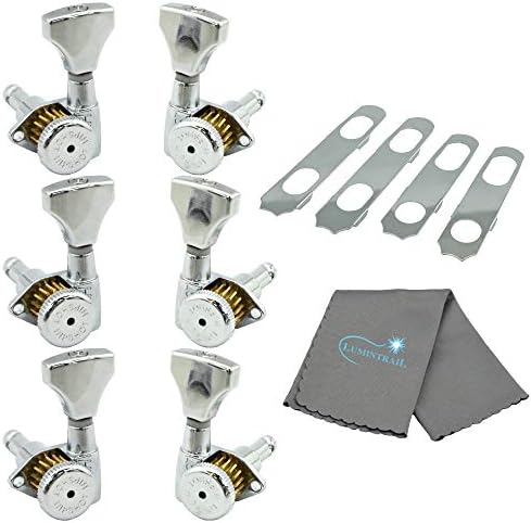 Hipshot Guitar Tuner Upgrade Kit (3+3 Headstocks) Chrome Grip-Lock Open Bundle with a Lumintrail Polishing Cloth