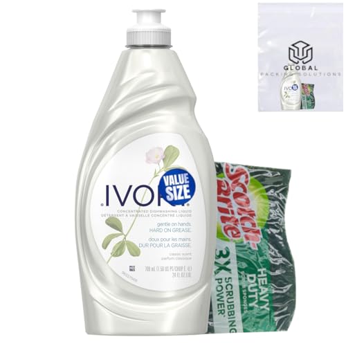 GLOBAL PACKING SOLUTIONS Ivory Grease Cutting Dish Soap Classic Scent Gentle on Hands 24 Fl Oz bundled with Heavy Duty Scotch Brite Sponge