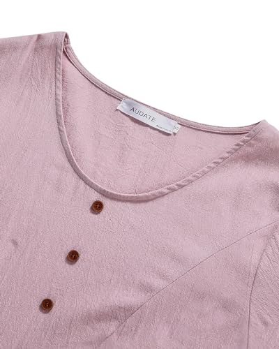 Image of Women's 65% Cotton, 35% Linen Crew Neck Midi Dress, Short Sleeve Dress with Pockets for Summer Daily Wear