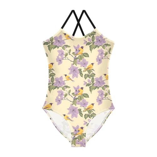senya Girls Swimsuits One-Piece Swimwear Tie Bathing Suit Beach Summer Round Neck 7-8T Purple Flower Bird Pattern