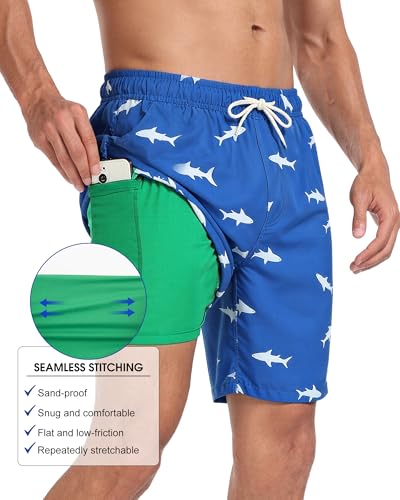 Image of Mens Swim Trunks with Compression Liner 2 in 1 Quick Dry Swimming Shorts Swimwear Bathing Suits with Pockets