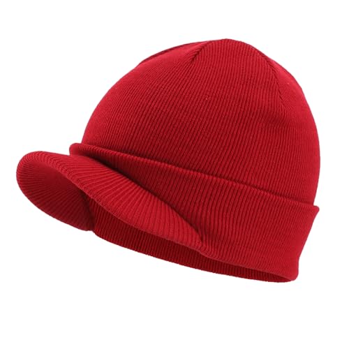 Home Prefer Mens Winter Beanie Hat with Brim Warm Double Knit Cuff Beanie Cap Red