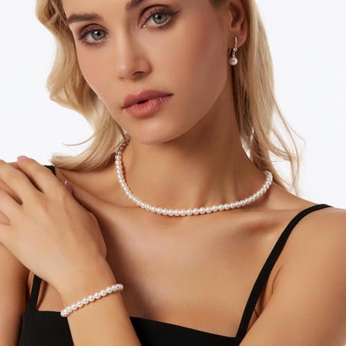 Image of Zeffy Gold Pearl Necklace for Women, Dainty 14K Gold /Silve Plated Layered Pearl Choker Pearl Earrings Pearl Bracelets Wedding Trendy Gold Jewelry Set for Women Gifts