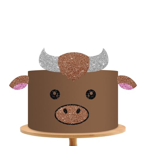 Bonita decoración para tarta de cumpleaños de vaquero, decoración de pastel de cumpleaños con purpurina marrón, orejas de toro del oeste salvaje oeste, cuernos, decoración de pastel de postre, hecha a