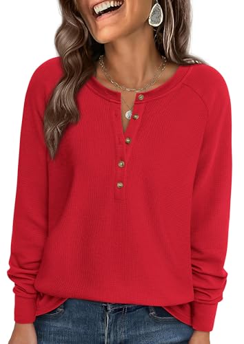 Image of PRETTYGARDEN Women's Long Sleeve Waffle Knit Henley Shirts Loose Tunic Tops