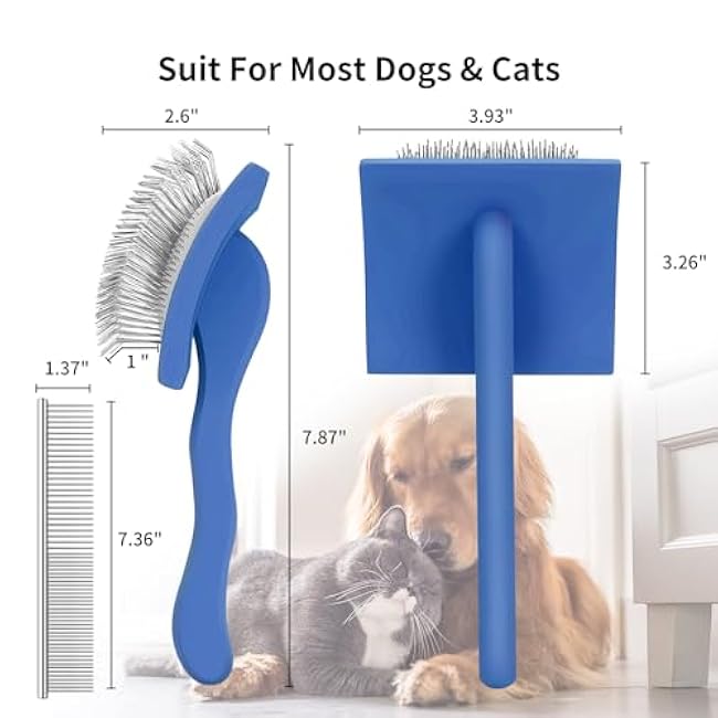 Slicker Brush for Dogs, Long Pin Dog Grooming Brush for Goldendoodles, Poodles, Doodles & More, Includes Bonus Pet Comb, Perfect for De-Shedding, Dematting & Reducing Tangles. Large, Blue-mGtCS8hA
