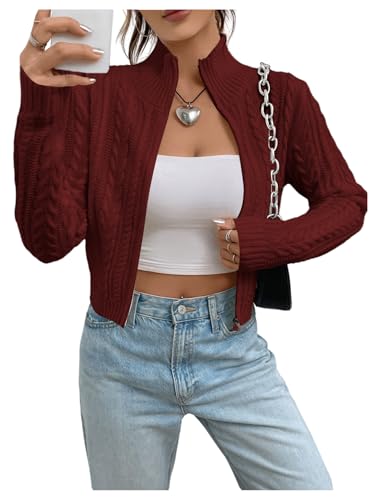Image of MakeMeChic Women's Cropped Cable Knit Sweater Zip Cardigan Fall Clothes